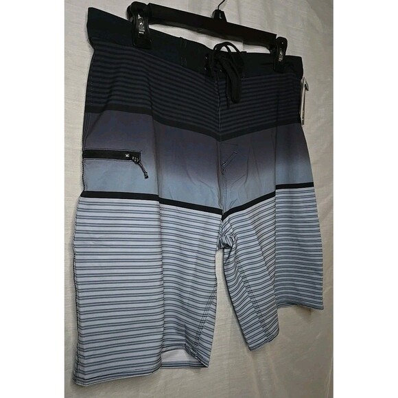 Mens Burnside Blue/Gray Striped Swim Trunks Stretch Shorts Size 32, Inseam 9" - Picture 3 of 10